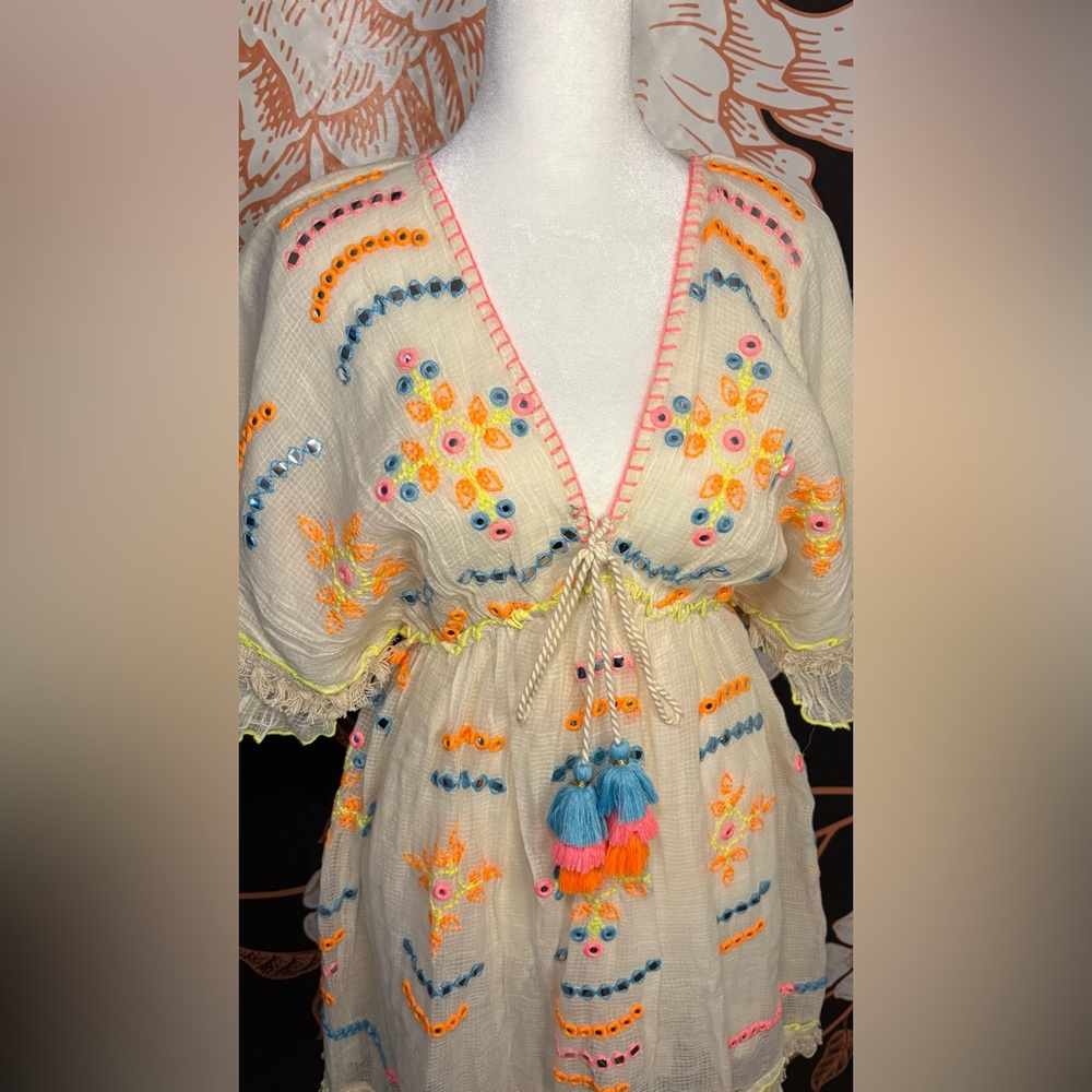 NWT Papa Pia Luxe Cream Mini Dress with Neon Embroidery & Mirror Accent Detail - Picture 4 of 10